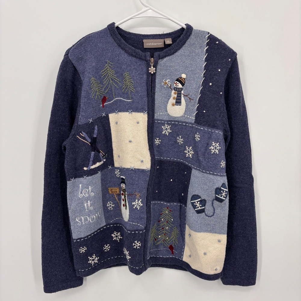 Croft & Barrow Cardigan Women M Blue Excellent Winter Snowman Patchwork Zip Up